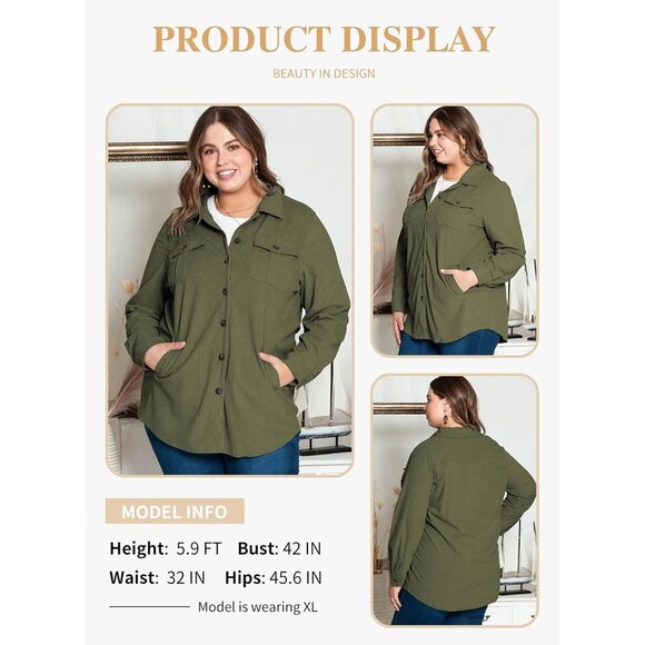 Womens Green Plus Size Plaid Shacket Long Sleeve Button Down Casual Jacket - Picture 3 of 5